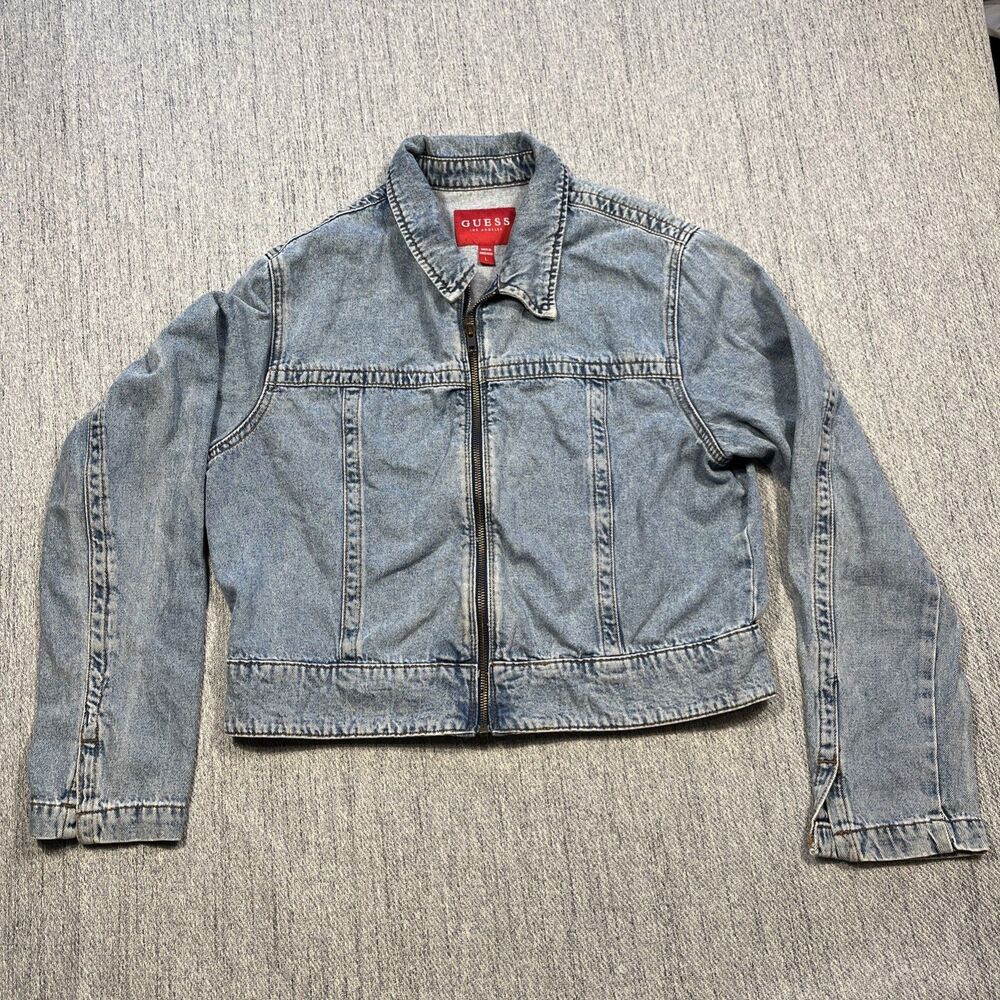 Vintage Y2K Guess Jeans Denim Jacket Large Zipper Front Light Wash